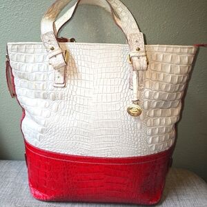 Elegant White and Red Croc-Embossed Tote Bag